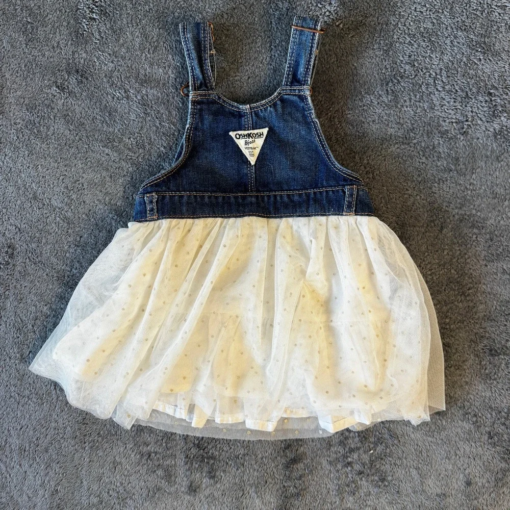 OshKosh Bgosh Girls 18M Denim Tulle Dress‎ Gold Polka Dot Blue White Cute